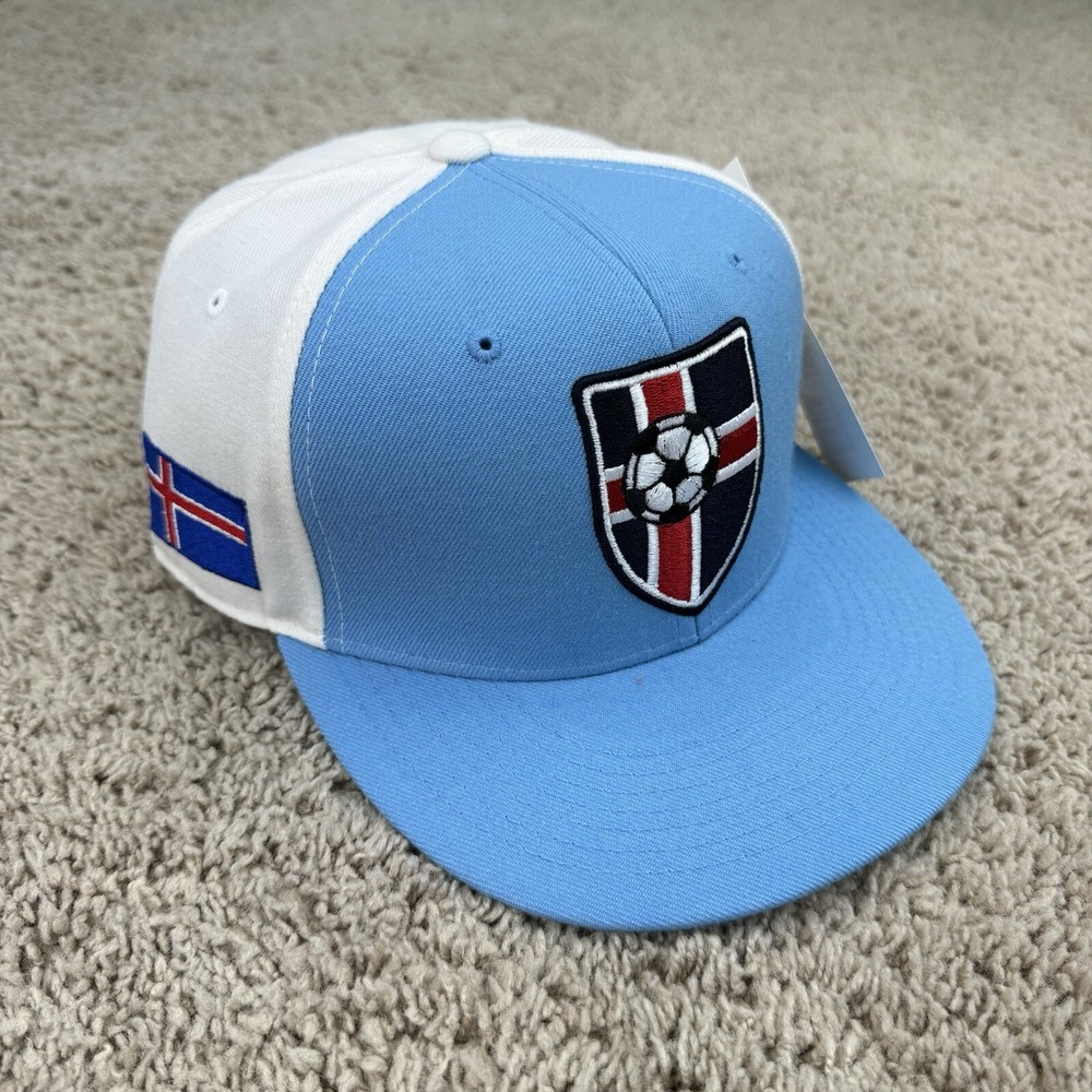 Iceland National Soccer Hat Fitted 7 3/8 Blue White Team Shield Side Patch Cap